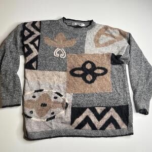 Vintage Segue Sweater Women’s L Silk Angora Wool Blend Abstract Patchwork 90s